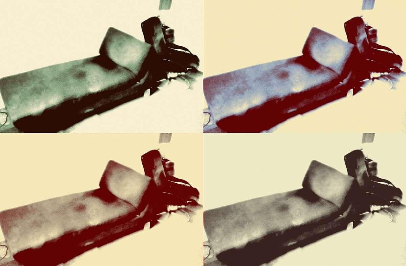 Collage de quatre images aux teintes différentes montrant une table de soins ou de massage avec un coussin relevé et un appui-tête devant un mur clair.